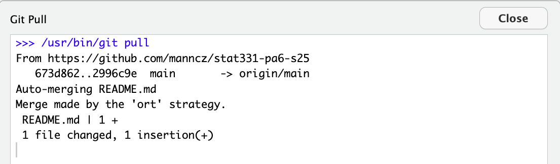 Git Pull window after a successful merge.