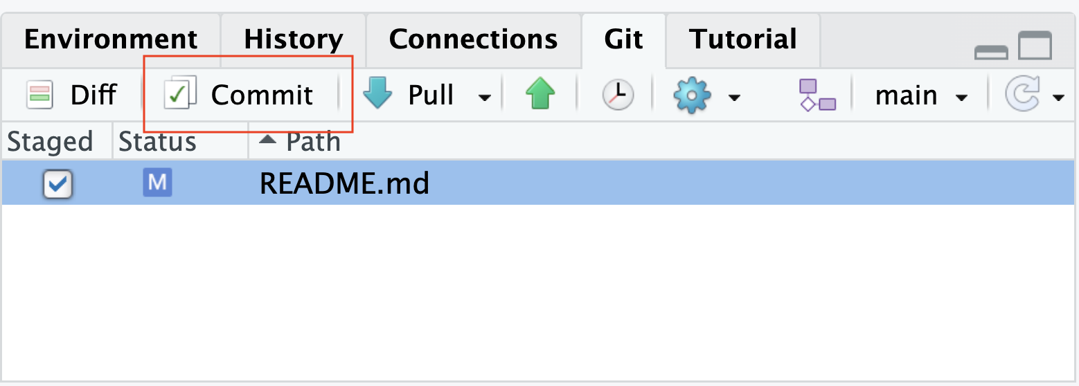 Git window in Rstudio with one Staged document README.md and a circle around the Commit comand.