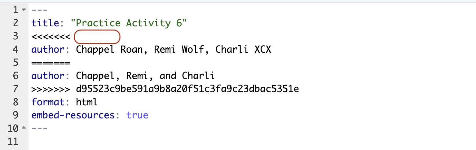Header YAML with git conflict symbols.