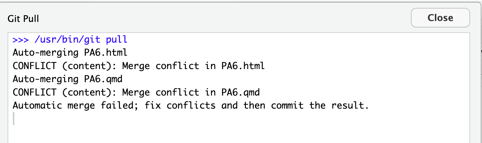 Rstudio Git Pull window with merge conflict.