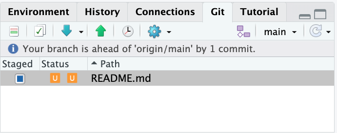 Rstudio Git pane with file that is edited after a merge conflict.