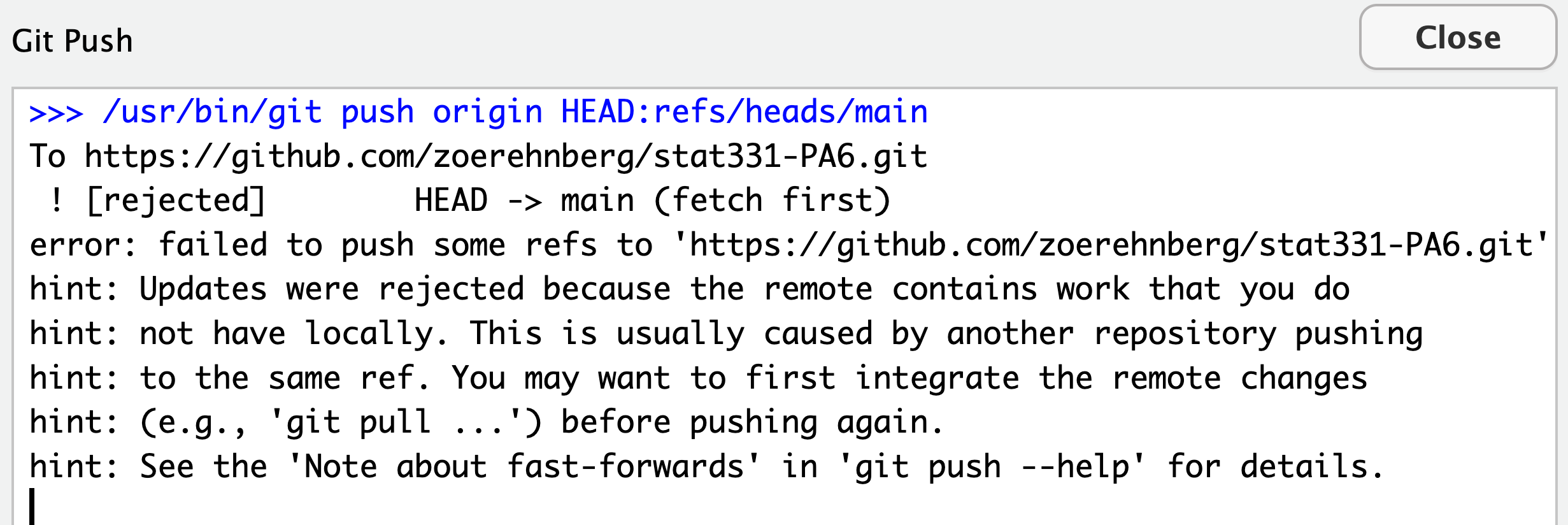 Image of error with attempted Push when the local repo is not up to date with the remote repo.