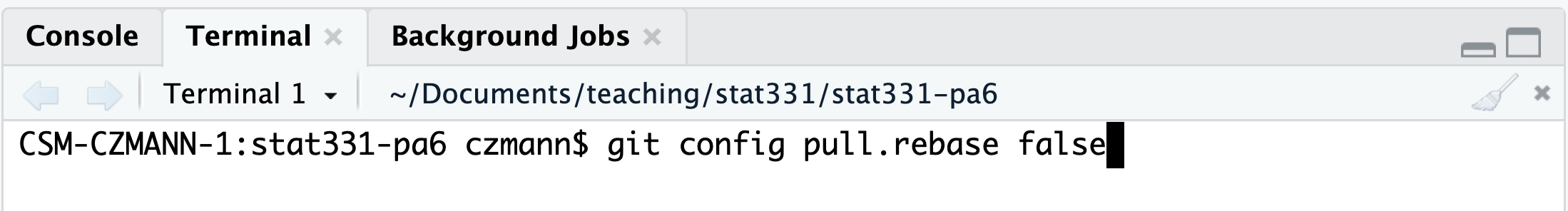 Terminal Rstudio pane with git config pull.rebase false command.