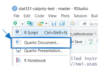 A screenshot of the top left corner of RStudio with a box around text that reads Quarto Document
