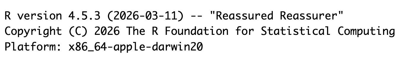 A screenshot of what version of R should appear when you open RStudio. The version reads 'R version 4.5.3 (2026-03-11) -- 'Reassured Reassurer'.